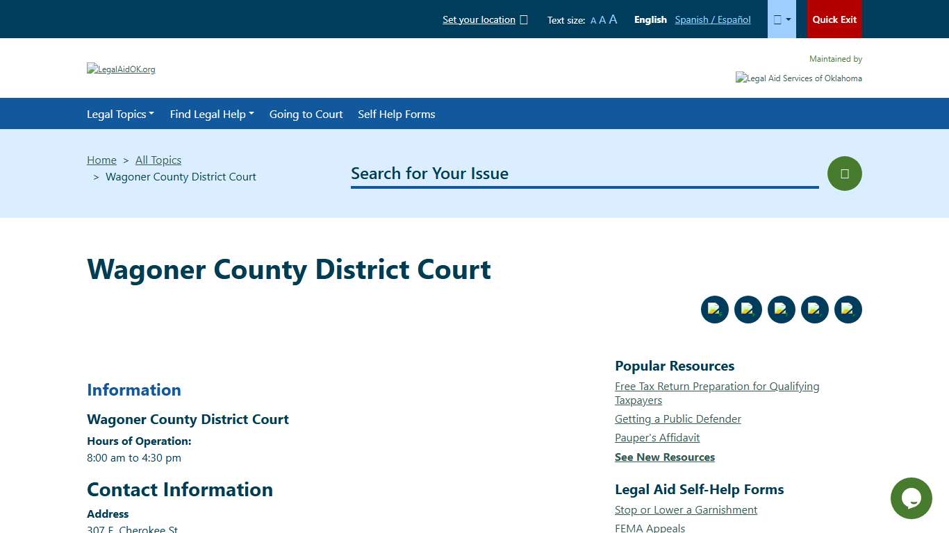 Wagoner County District Court Welcome to Legal Aid Services of Oklahoma's guide to free legal help in Oklahoma.